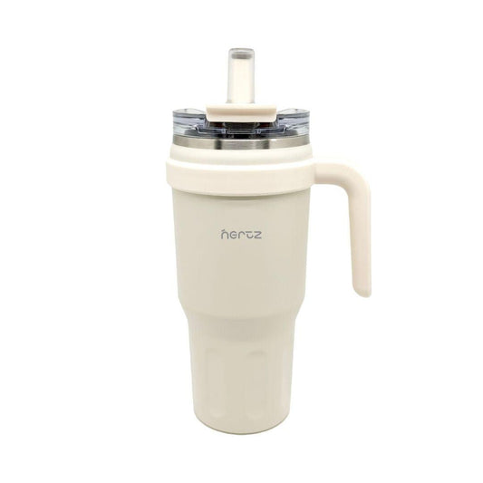 NertZ.in Drive & Sip Pro tumbler in cream with a handle and straw