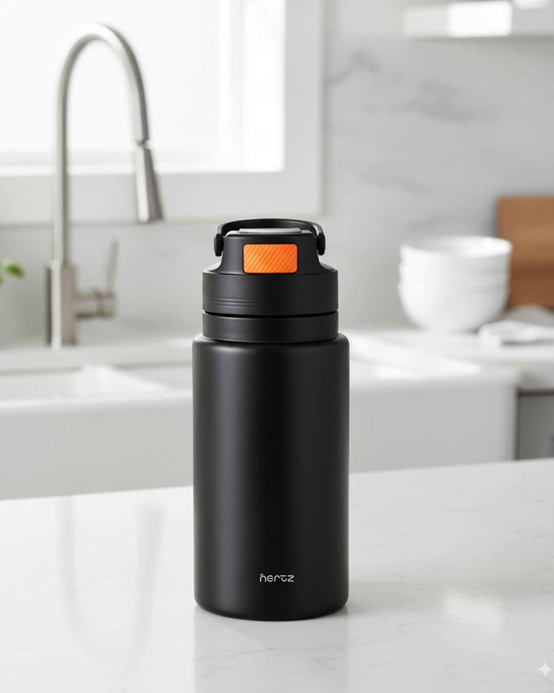NertZ.in FlipSip 800 water bottle in black with an orange button on a kitchen counter