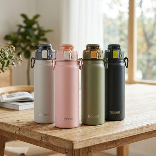Dodge Blaze 800 stainless steel insulated water bottle with flip-top lid and built-in straw in white and dark grey