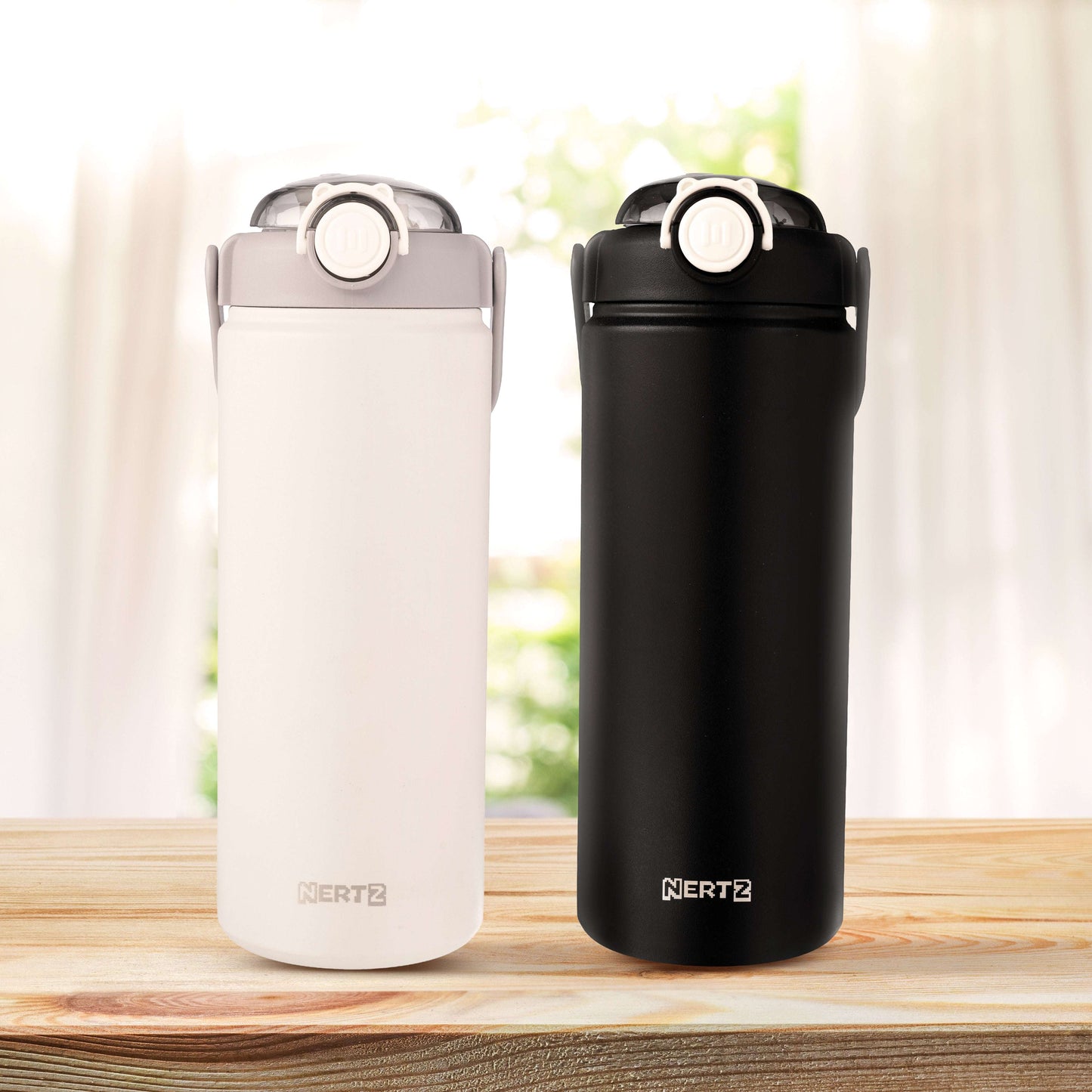 Curve Black and White Combo stainless steel bottles for him and her, 1200 ml with handle, gym and travel hydration set