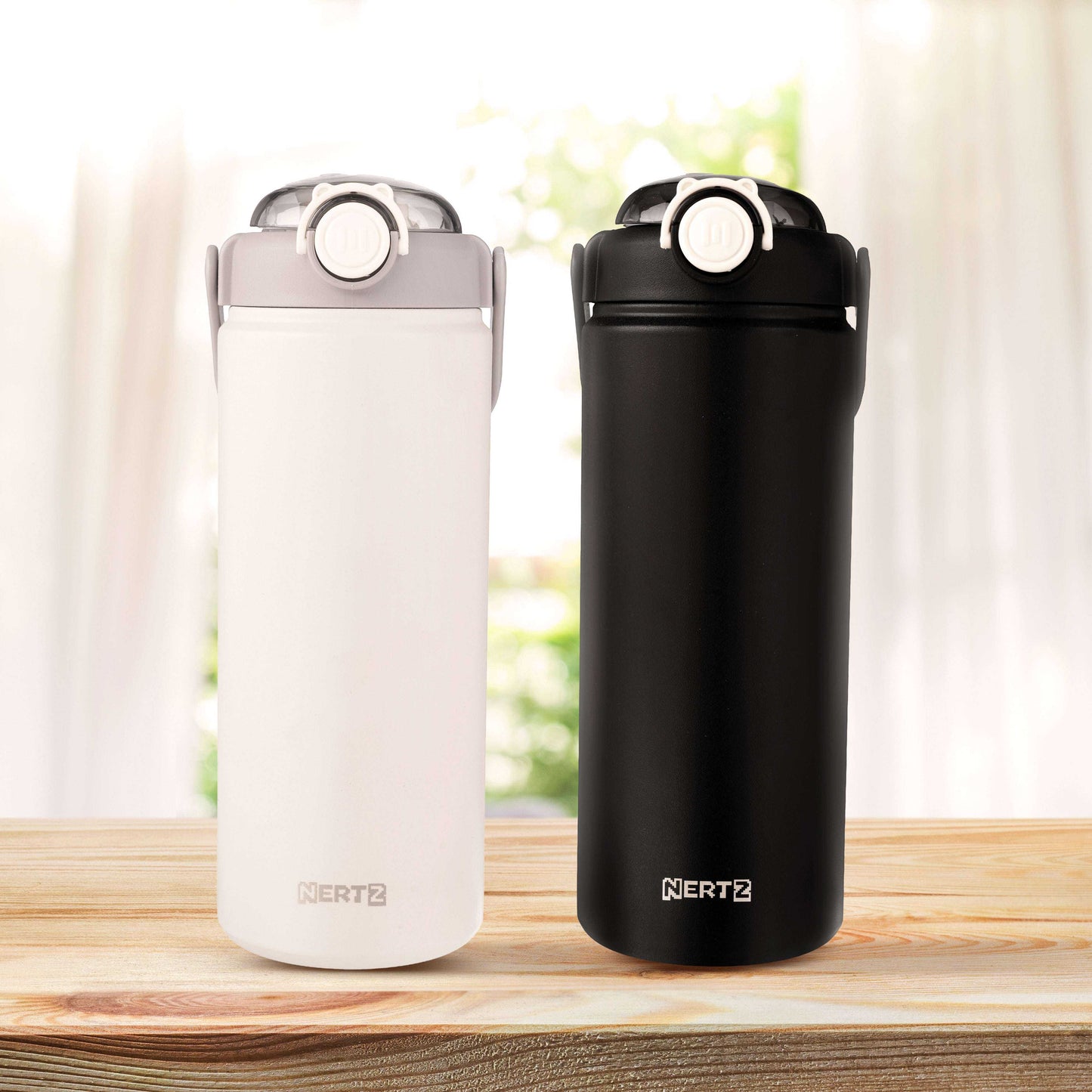 Curve Black and White Combo stainless steel bottles for him and her, 1200 ml with handle, gym and travel hydration set