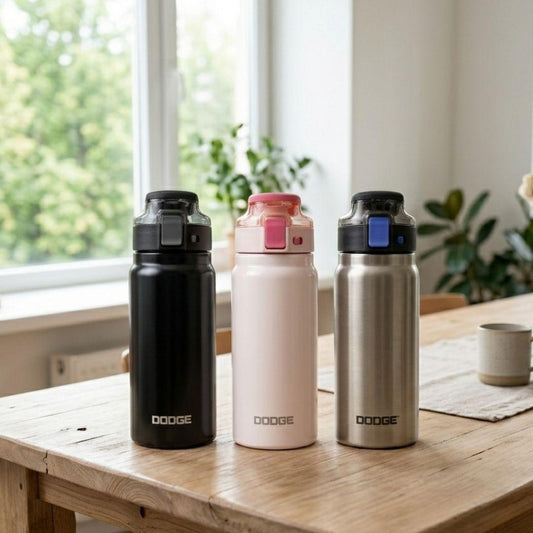 Dodge Blaze 620 stainless steel insulated bottle with push-button flip lid and detachable sling strap in black and silver