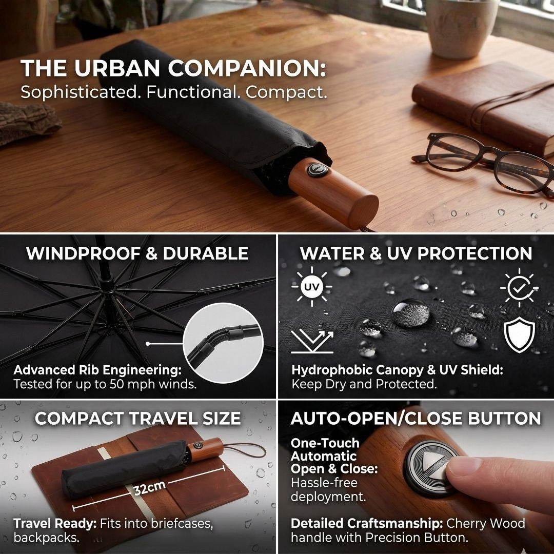 NertZ.in Heritage Umbrella with cherry wood handle and automatic open/close button