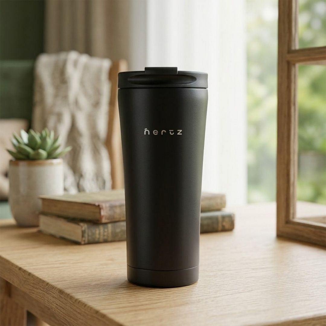 Nertz On the Go black stainless steel 600ml insulated tumbler with leak-proof lid for hot and cold drinks