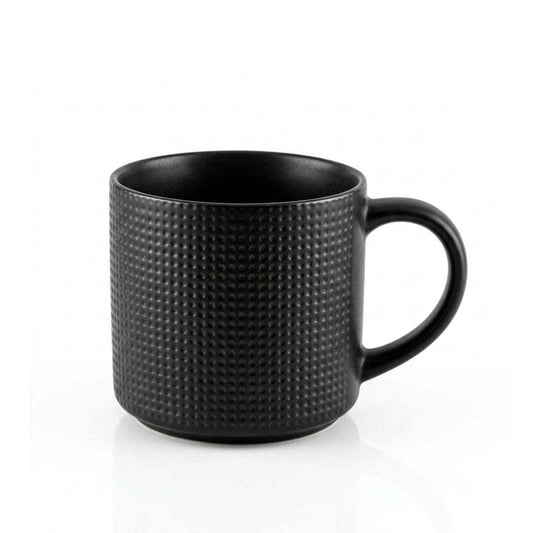 Two white porcelain criss cross coffee mugs with black patterns and handles