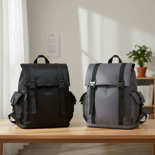 Black and grey LW Backpack made from water-resistant Oxford fabric with multiple compartments and dual buckle flap closure