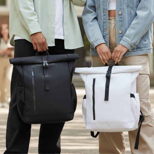 Black and white rolling backpack with expandable storage and anti-theft design