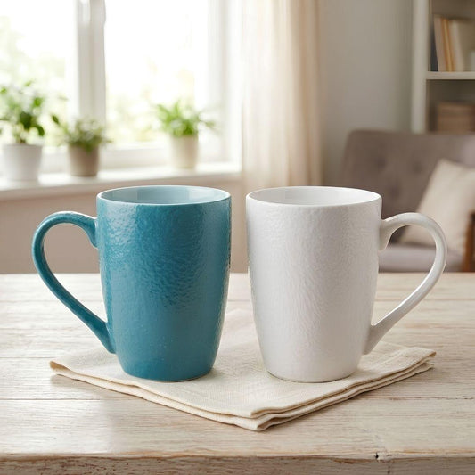 Essence Coffee Mug blue and white porcelain with textured body and comfortable handle for hot beverages