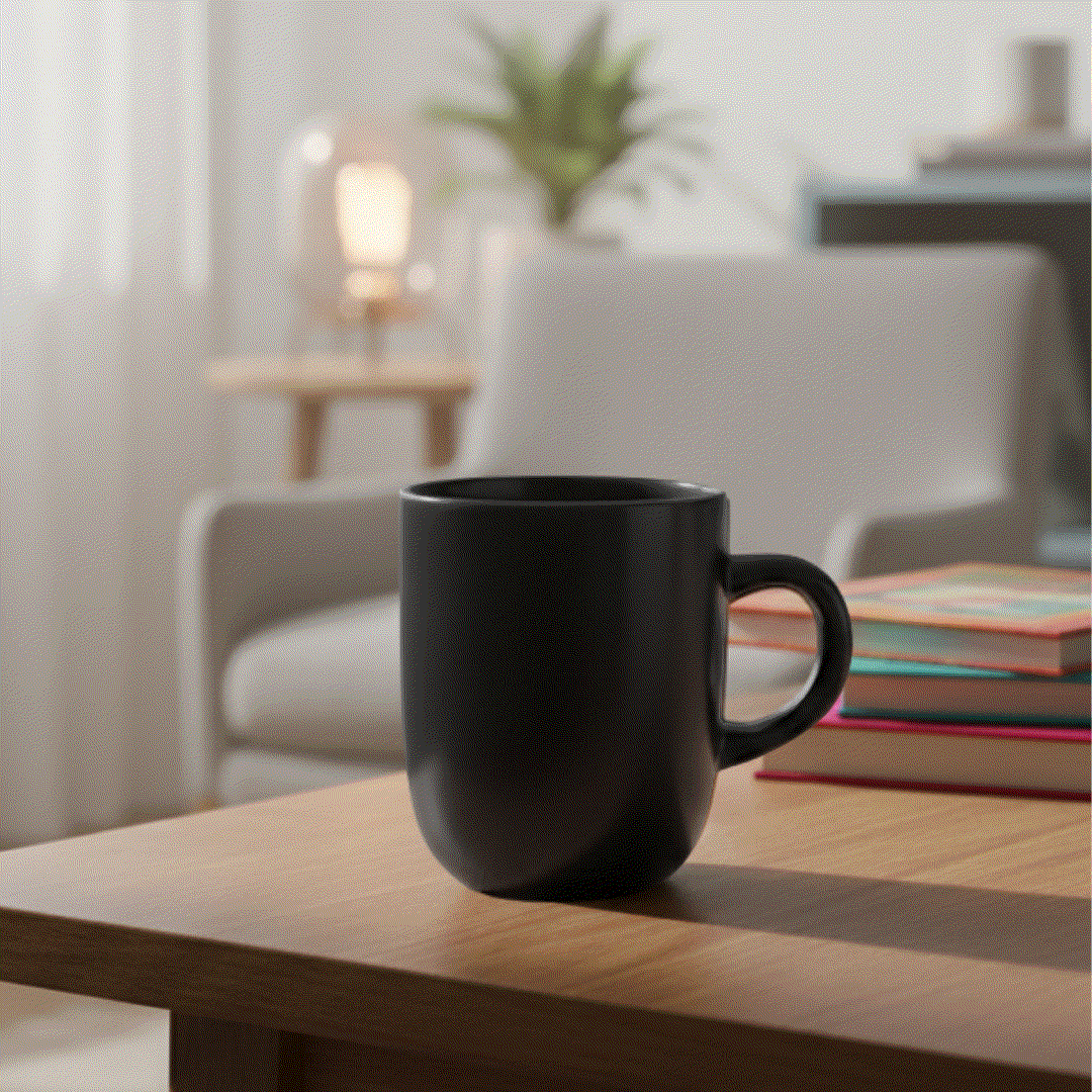 Nertz Black Wave mug on a wooden table with books and a chair in the background