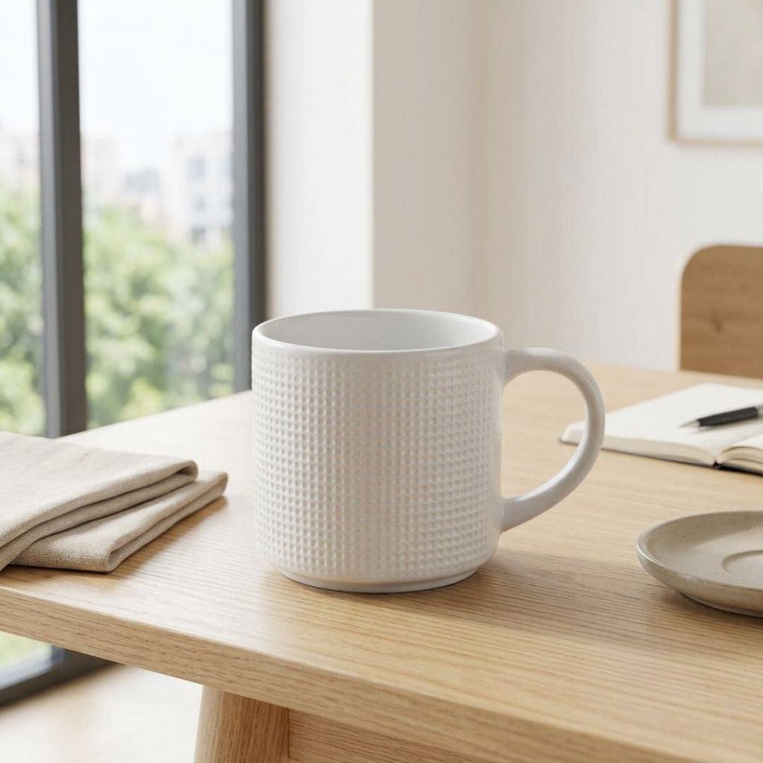 Pair of white porcelain Criss Cross Coffee Mugs with black crisscross pattern, 490 ml capacity, set of 2.