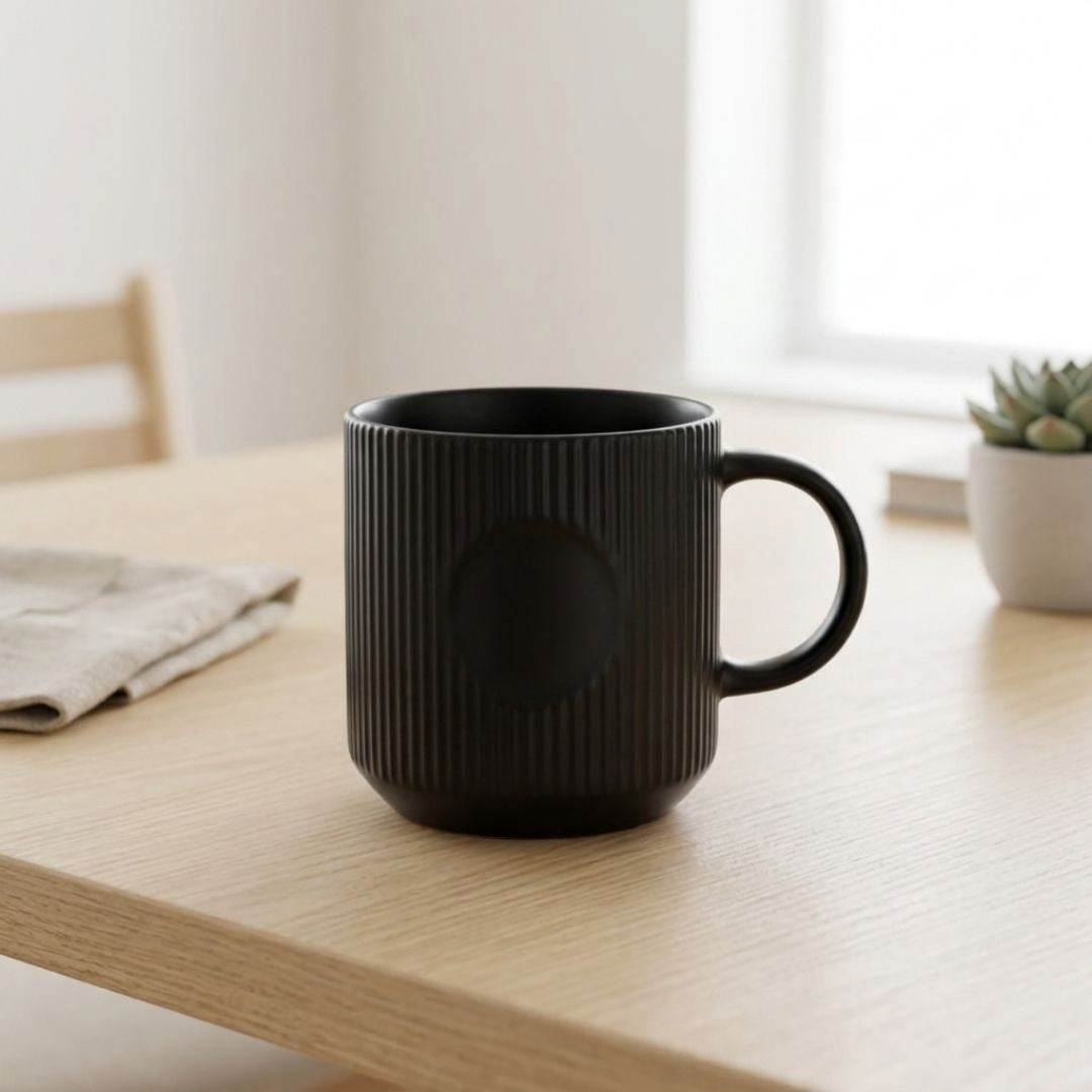 Linea Noir porcelain coffee mug with elegant vertical lines in black and white, 370 ml capacity