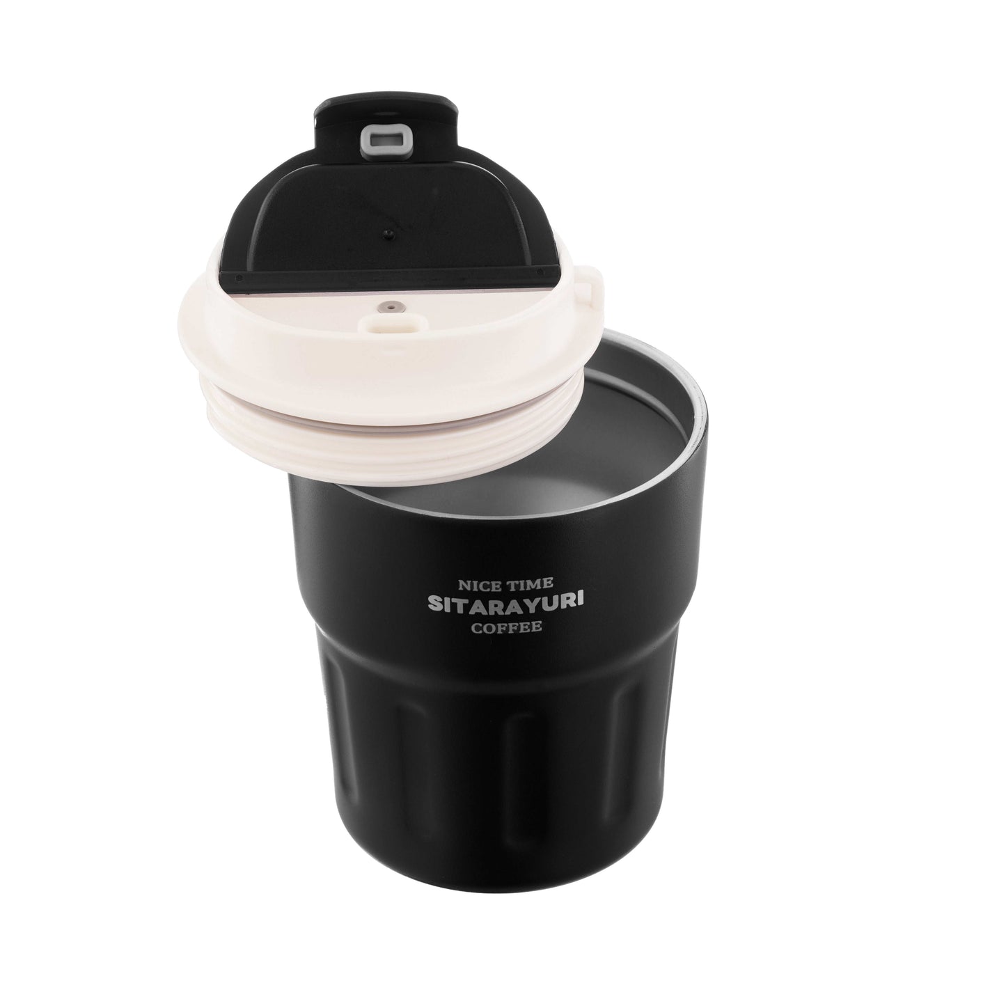Sitayuri Black Combo insulated travel coffee mug and sipper in black stainless steel design