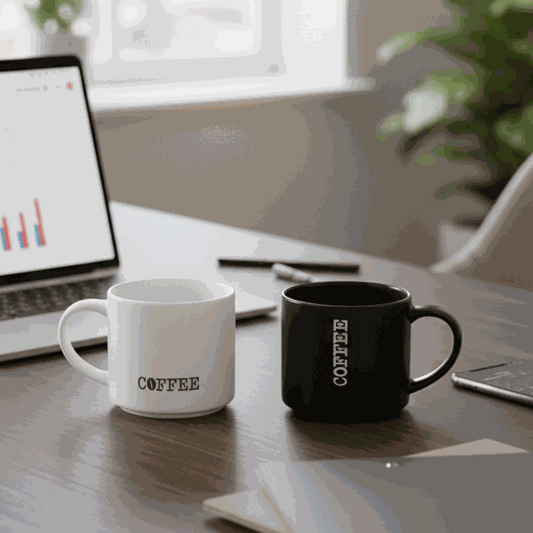 Set of two cozy ceramic coffee mugs in black and white with "coffee" text, 490ml capacity