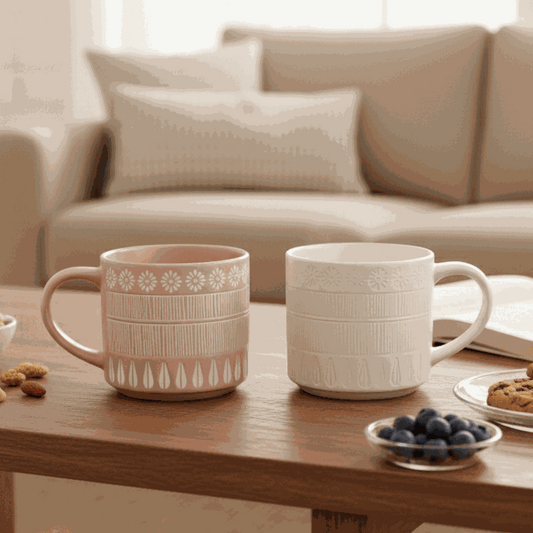 Pair of white and black Craft Harmony porcelain coffee mugs with vertical lines, 490ml capacity.
