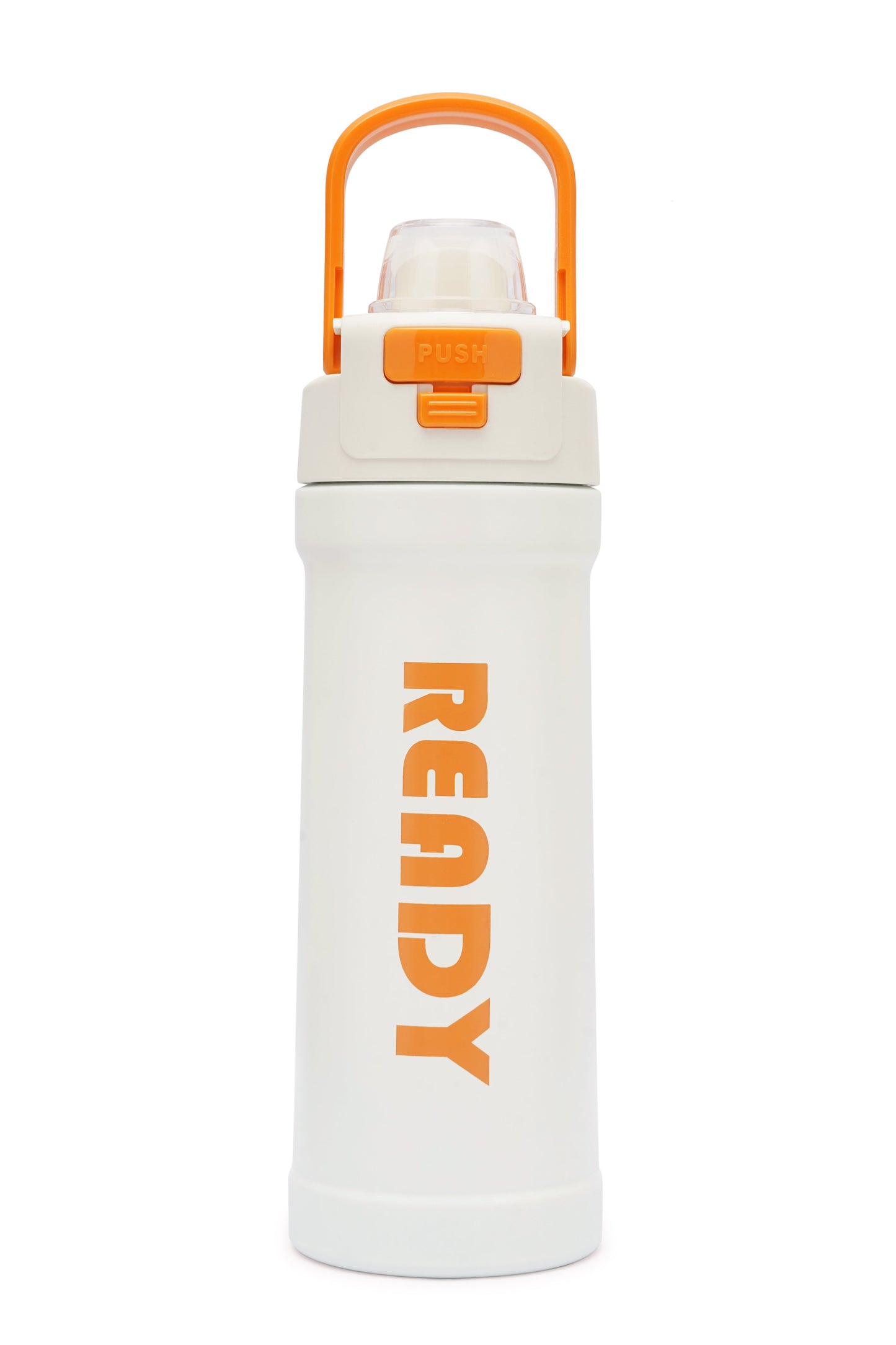 NertZ.in ReadyFlow water bottle, white with orange handle and READY text