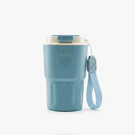Blue Wander Grip Mug Pro with grooved stainless steel body and fabric handle, 360ml travel mug with lockable flip lid and double-wall insulation