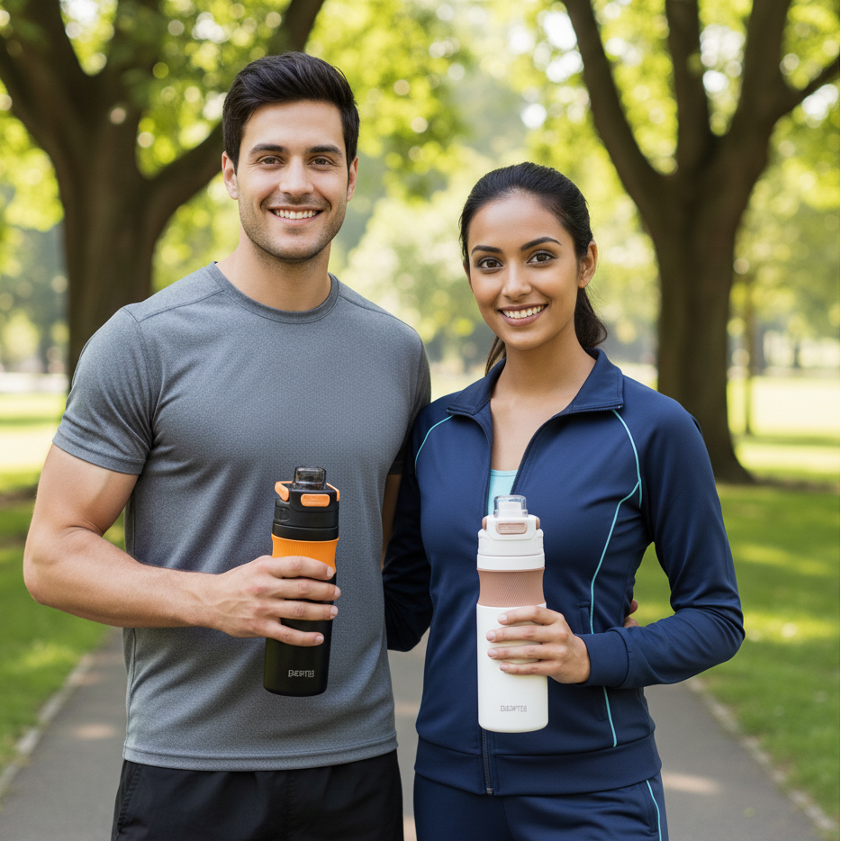Man and woman holding Nertz Grip 600 water bottles in a park
