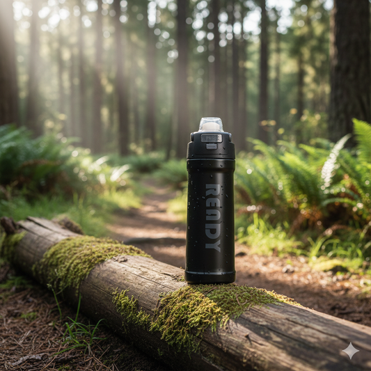 NertZ.in ReadyFlow water bottle on a mossy log in a forest