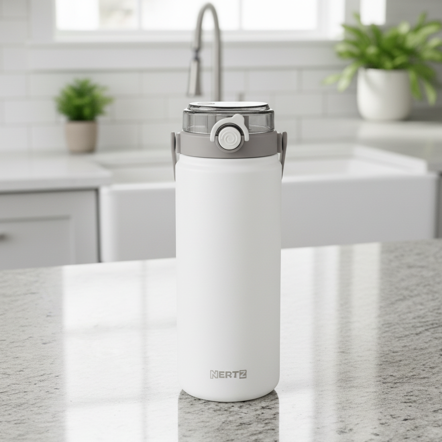 NertZ.in Grand Sippers 1200 water bottle in white with a grey lid on a kitchen counter