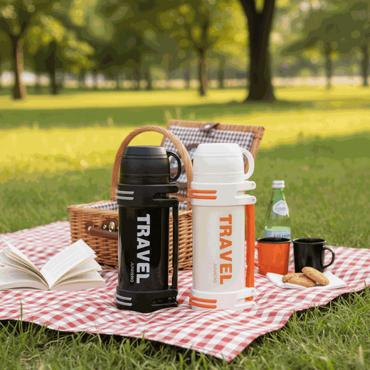 NertZ.in Trail Blazer Flask in black and white on a picnic blanket with a book and snacks