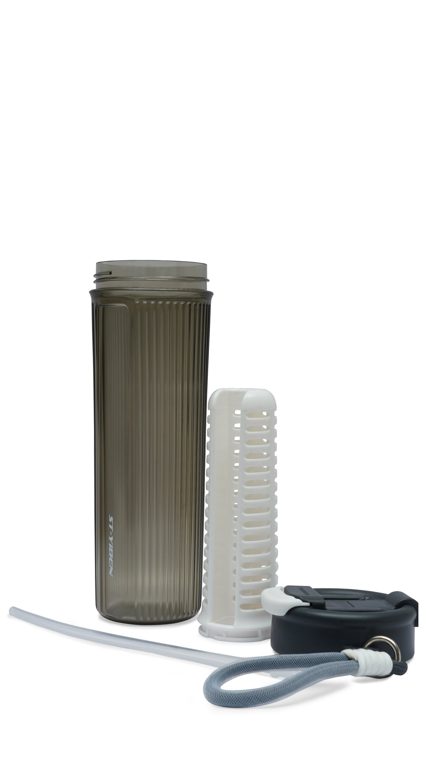 Nertz Fusion water bottle with built-in fruit infuser and dual flip-top lid in white and black.