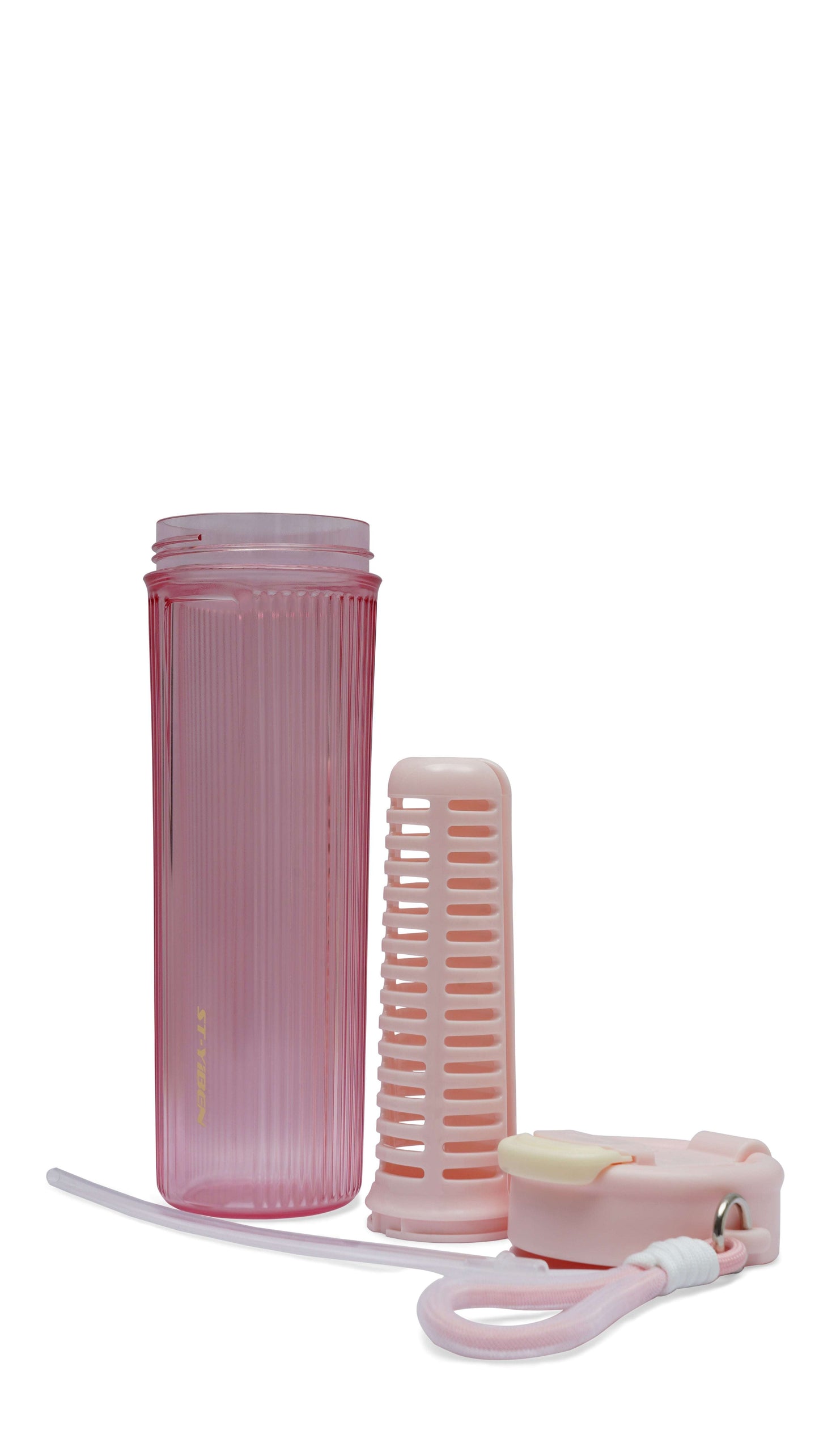 Nertz Fusion water bottle with built-in fruit infuser, dual flip-top lid, and soft fabric handle for portable infused hydration
