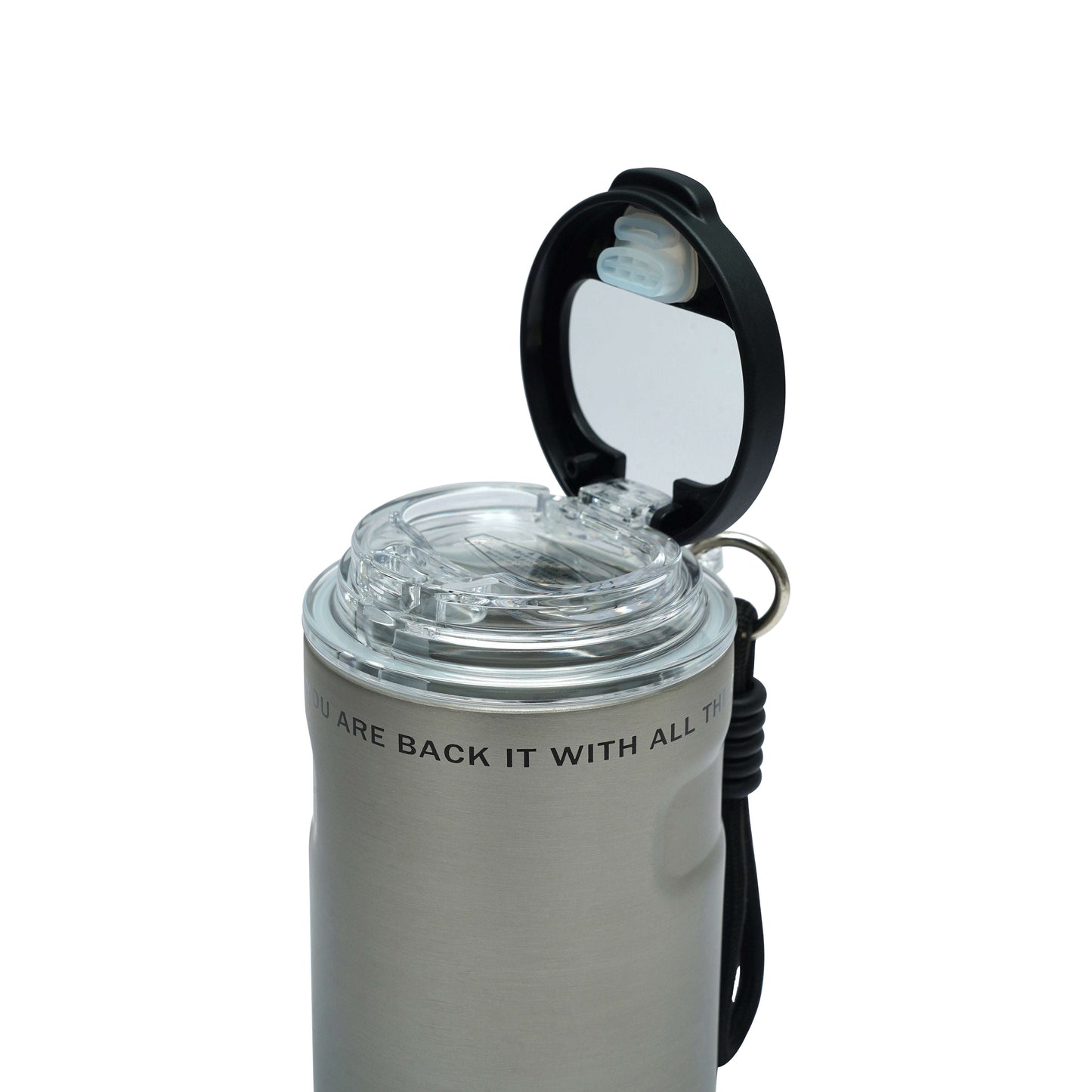Brew Grip premium stainless steel insulated bottle with flip-top lid and fabric handle for easy carrying