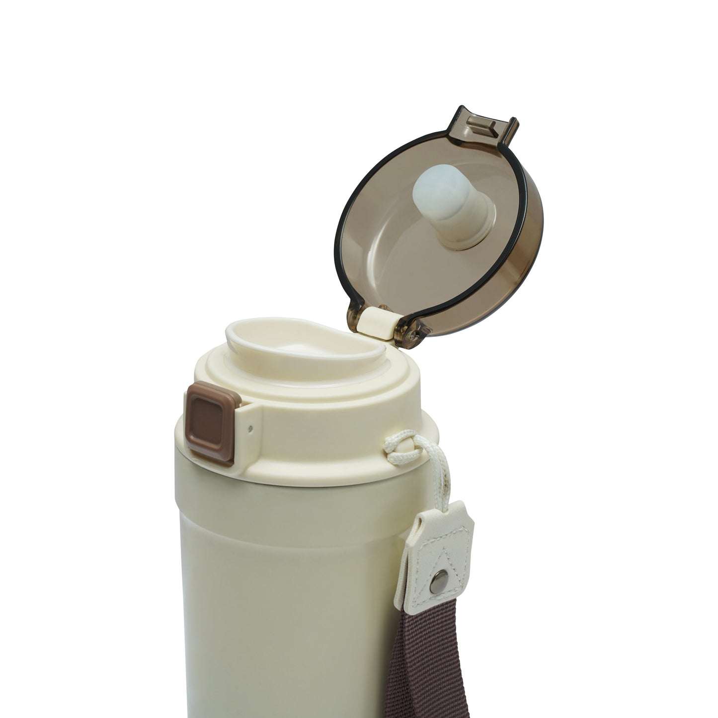 Dodge Pro Steel Finish Mug with flip-top lid and fabric handle for hot and cold beverages