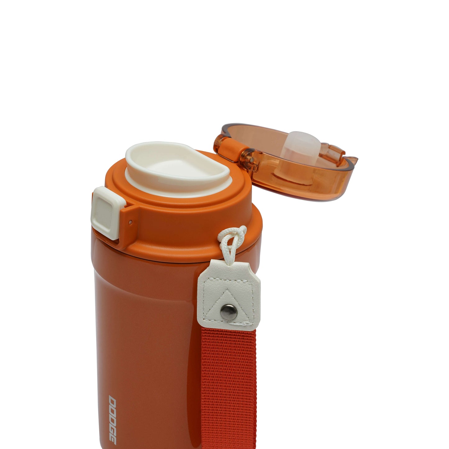 Dodge Pro Steel Finish Mug with flip-top lid and fabric handle for hot and cold beverages, 420 ml stainless steel sipper