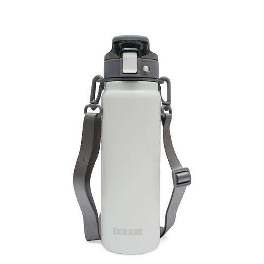 Dodge Blaze 800 water bottle by NertZ.in, white with a grey strap and black lid