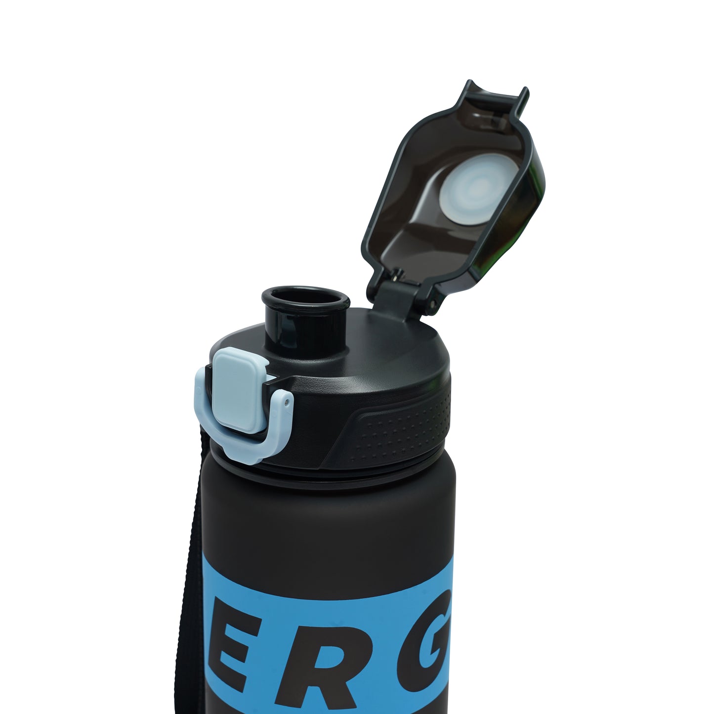 NertZ.in Nertz Flowmate water bottle with an open lid, showing the mouthpiece and light blue clasp