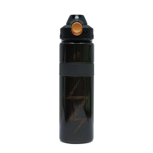 Nertz Aqua Gear 1000ml black and blue sports water bottle with flip-top lid and fabric loop handle
