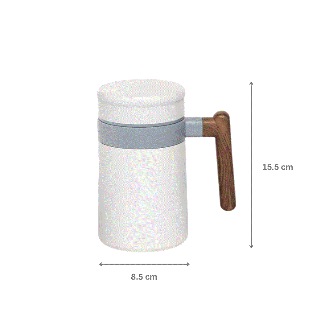 White Oak Brew mug with wooden handle and twist-open lid, 480ml stainless steel insulated cup
