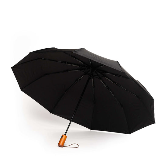 Black Heritage Umbrella with wooden handle, automatic open/close, windproof 10-rib frame, and water-resistant pongee canopy