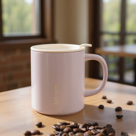 NertZ.in CaffèViva Combo mug, light pink with a lid, on a wooden table with coffee beans