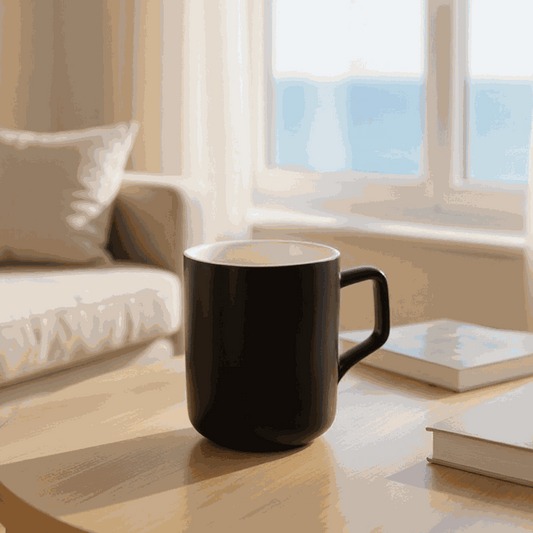 Shadow Sips coffee mug with matte black exterior and white interior made of porcelain