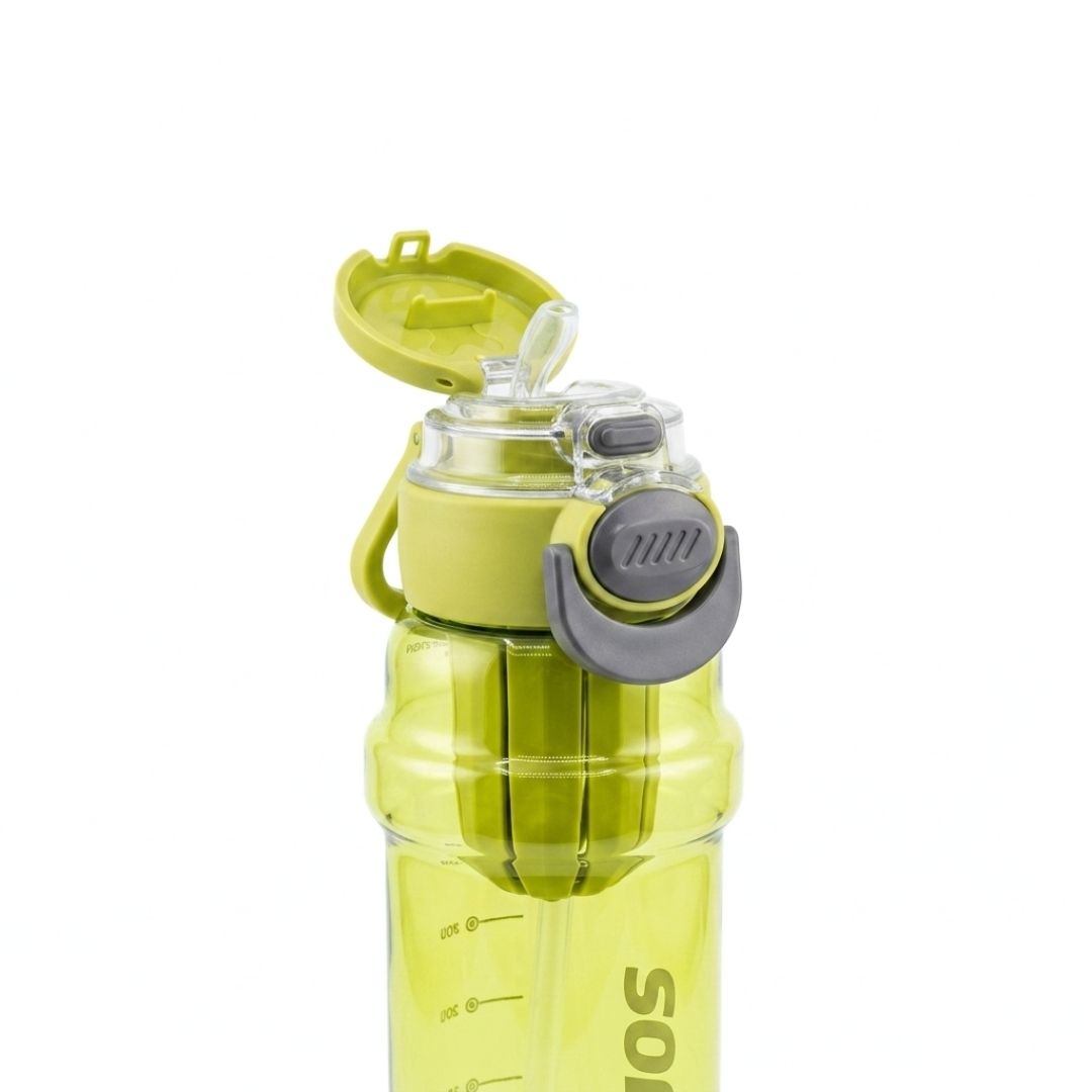 Nertz Glide high-capacity water bottle with interchangeable lids, removable straw, and plastic strainer in green color