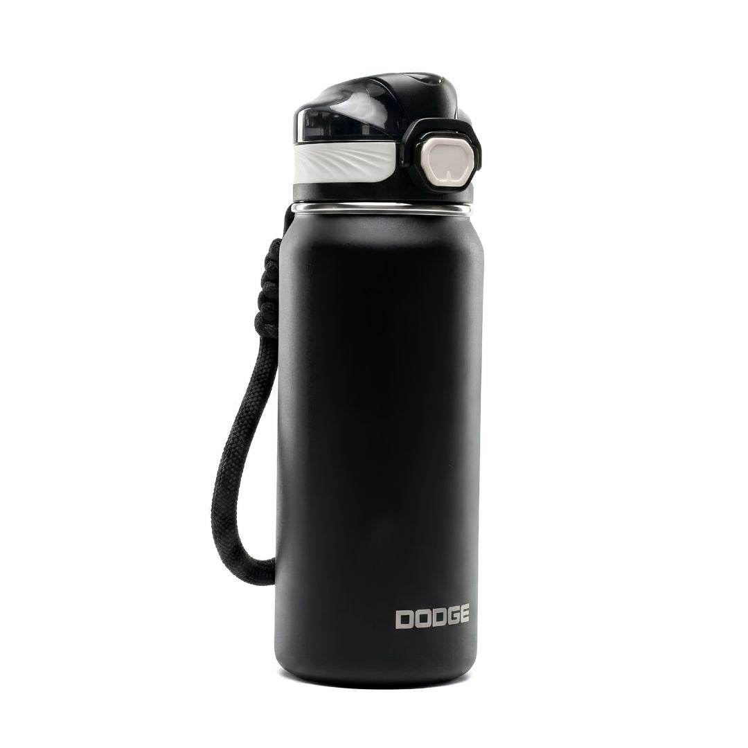 Dodge Chill 700 stainless steel insulated water bottle with push-button flip lid and safety lock in black and beige.