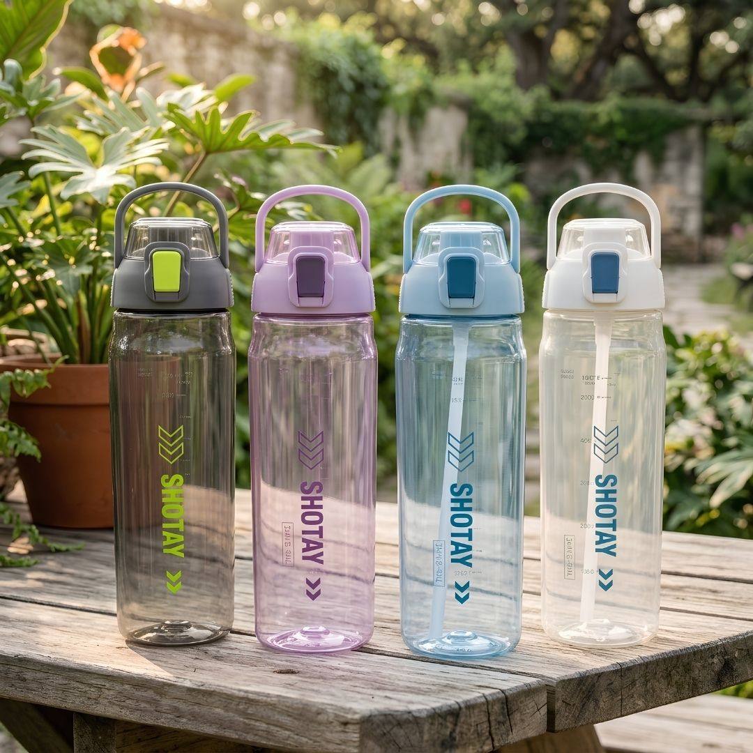 Nertz Aqua high-capacity water bottle with flip-top straw lid and built-in strainer in grey and blue colors