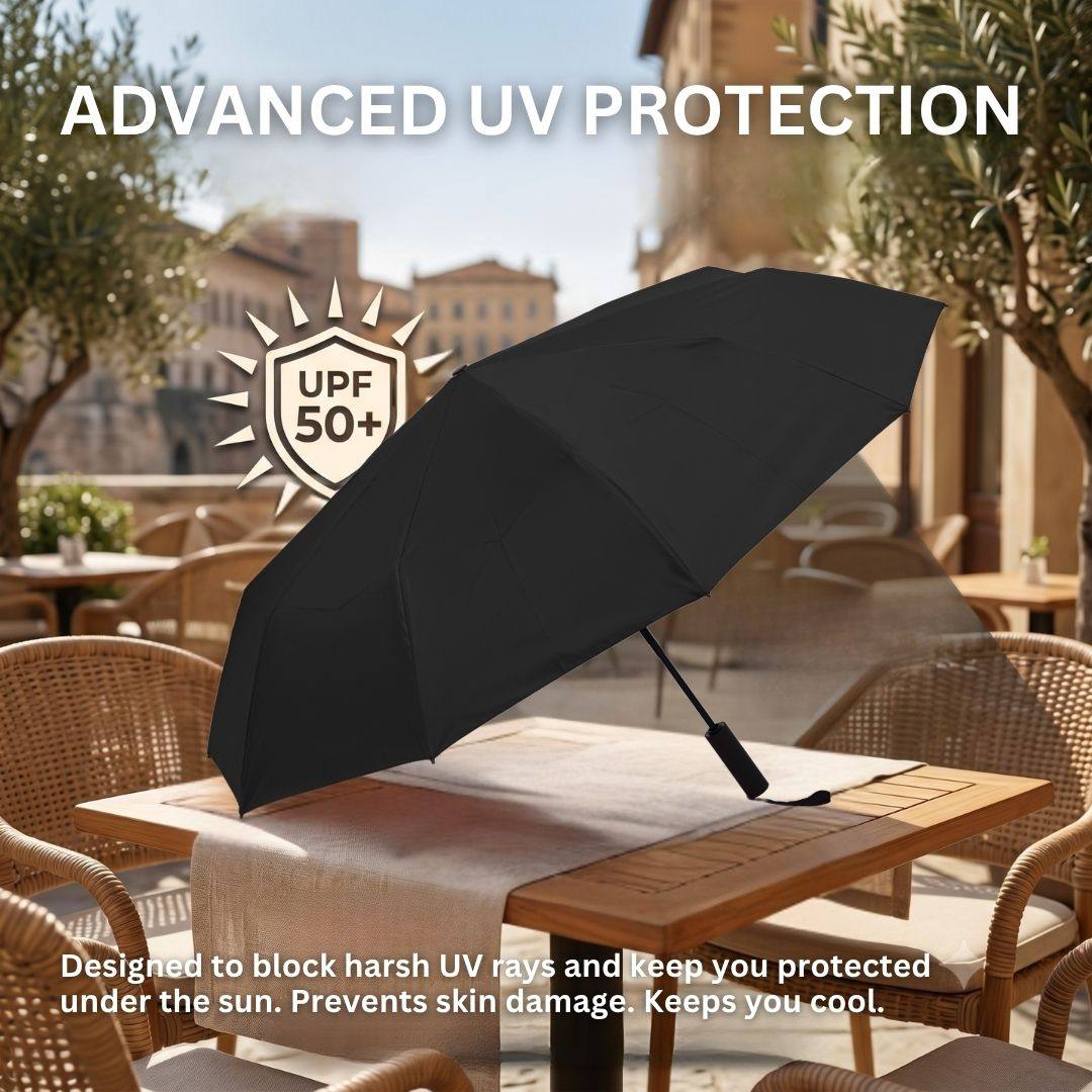 CloudShade Umbrella with reinforced 10-rib frame and automatic open-close, pongee canopy for rain and UV protection, compact 3-fold design in multiple colors