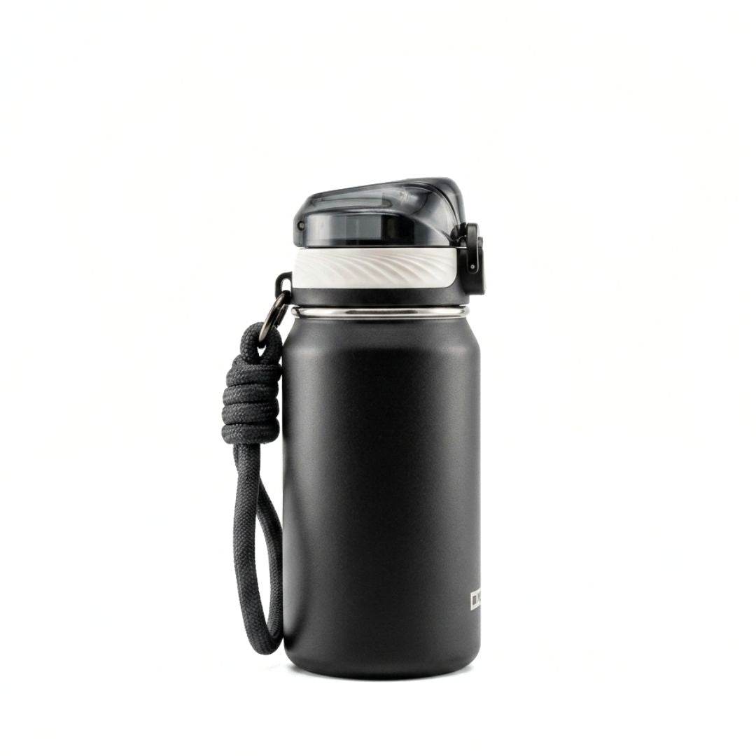 Dodge Chill 500 stainless steel insulated bottle with leak-proof push-button lid and removable straw in black and beige colors.