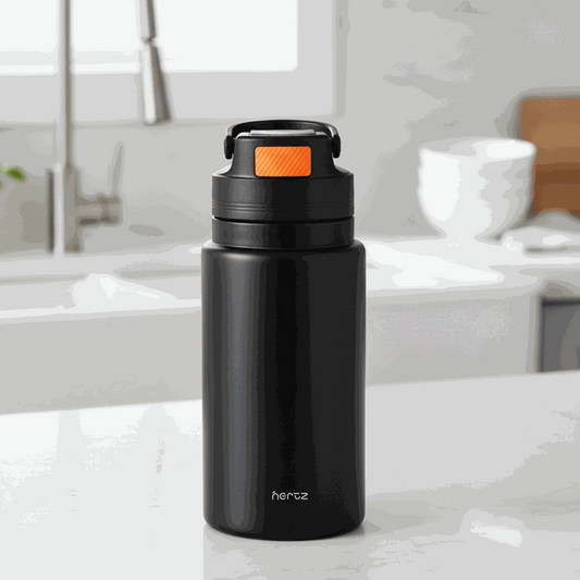 Nertz FlipSip 800 black stainless steel insulated water bottle with flip-top lid and carry handle
