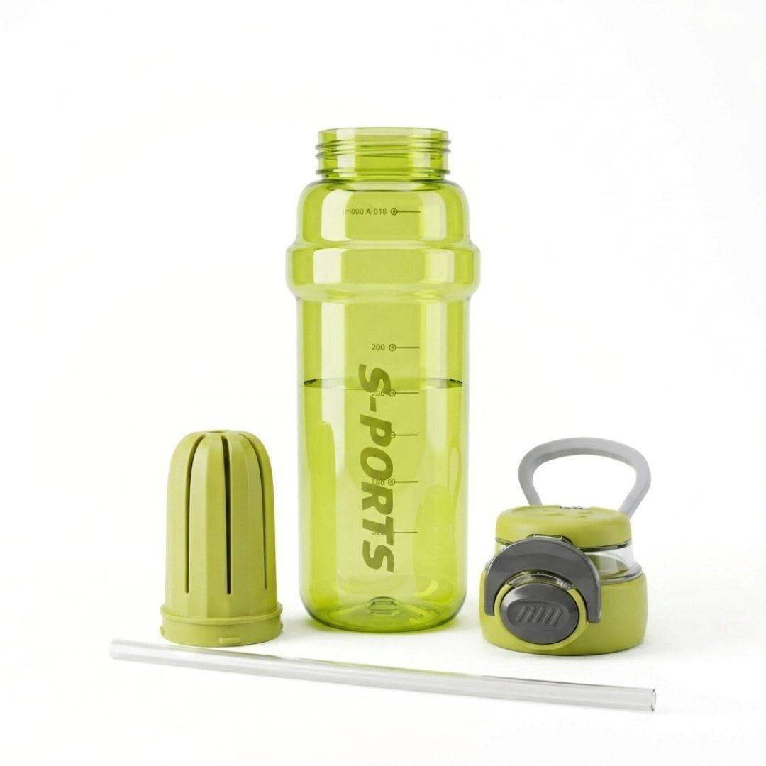 Nertz Glide high-capacity water bottle with two lids, removable straw, and plastic strainer in green, ergonomic and leak-proof design