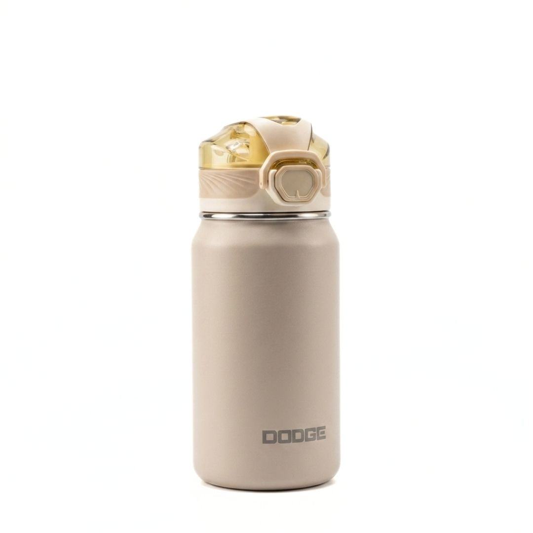 Dodge Chill 500 premium stainless steel insulated bottle with leak-proof flip lid and fabric handle in black and beige