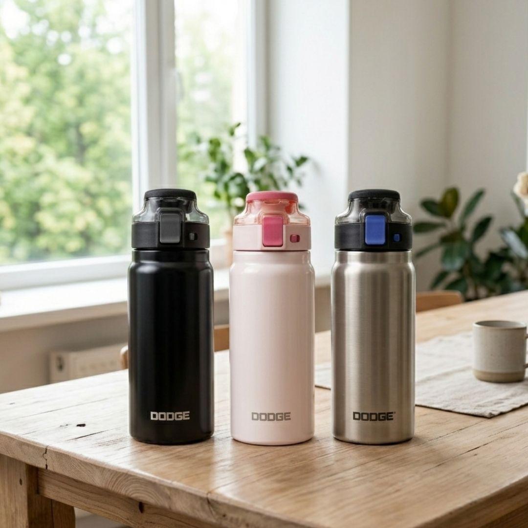 Dodge Blaze 620 stainless steel insulated bottle with push-button flip lid and detachable sling strap in black and silver