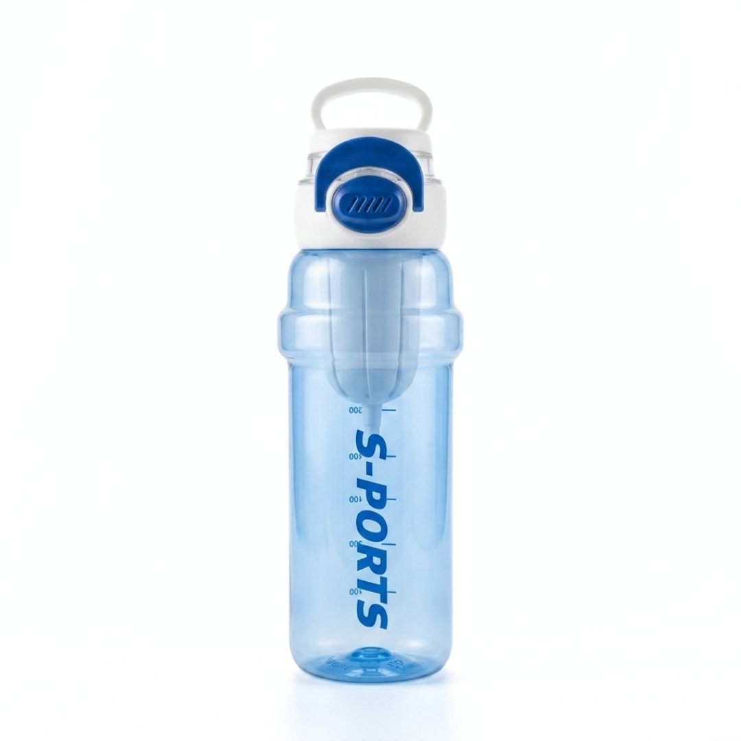 Nertz Glide high-capacity water bottle with dual lids, removable straw, and plastic strainer in green, blue, black, and brown colors