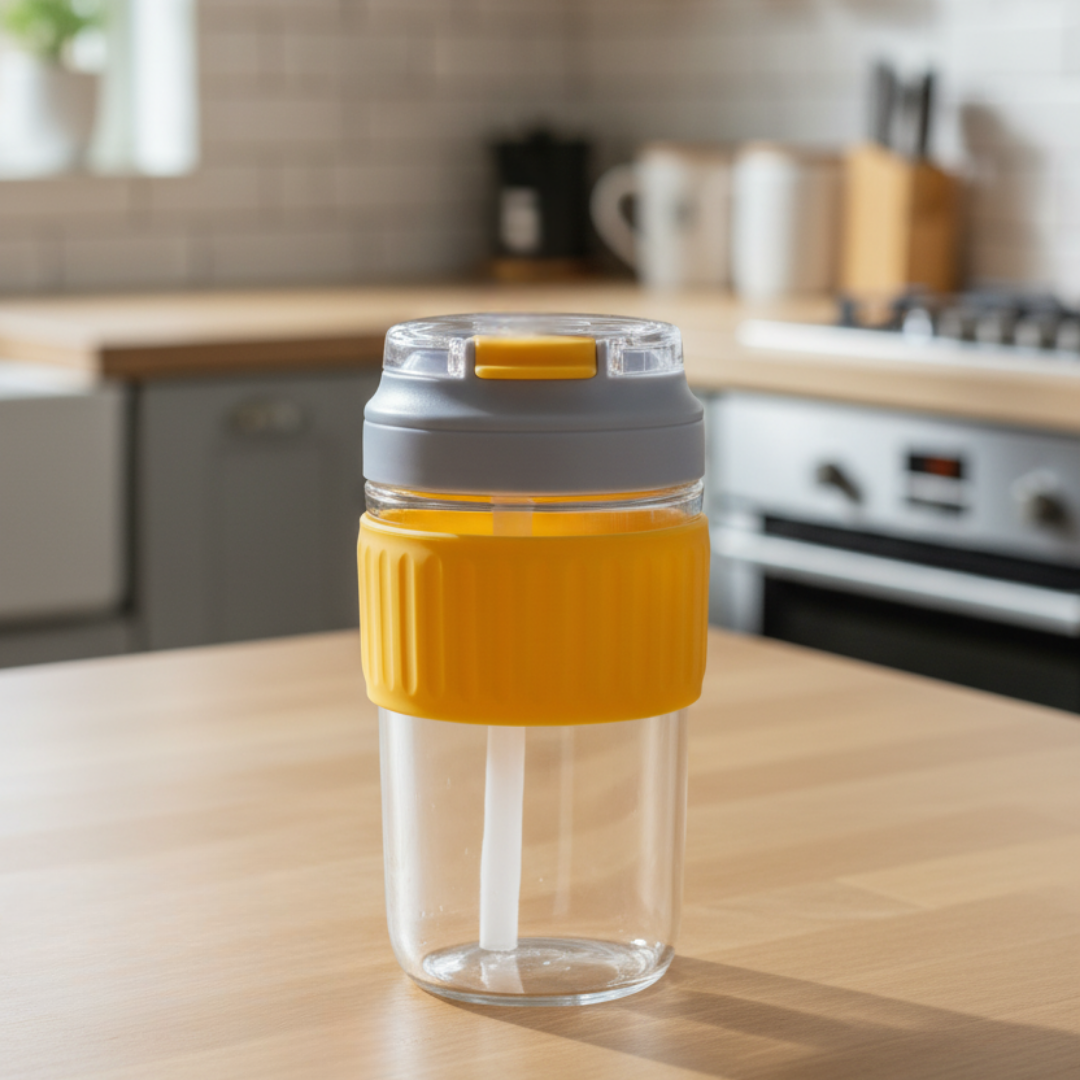 NertZ.in Crystal Grip Mug, clear with yellow grip and grey lid, on a kitchen counter