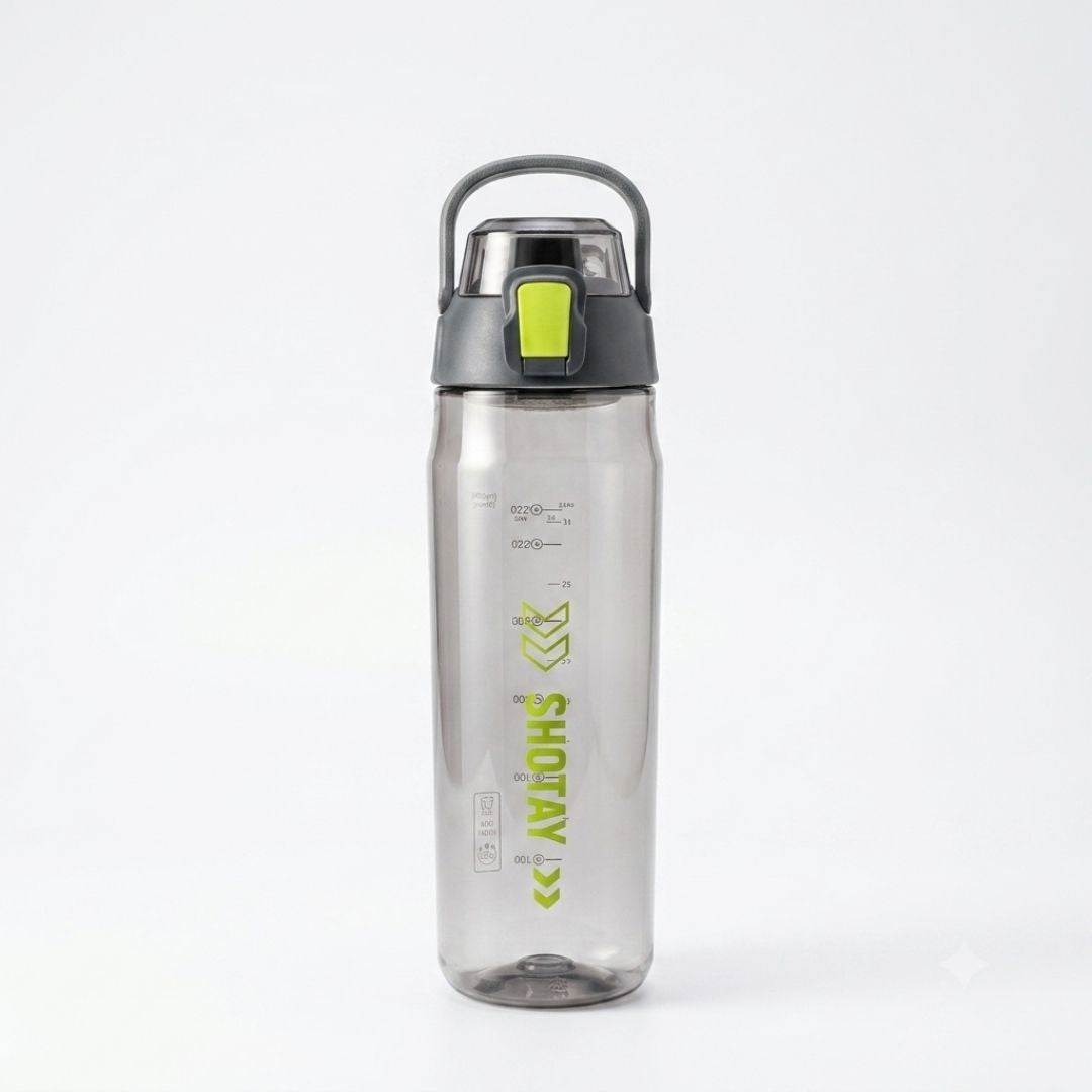 Nertz Aqua high-capacity water bottle with leak-proof flip-top lid and built-in strainer in grey, blue, purple, and white colors.