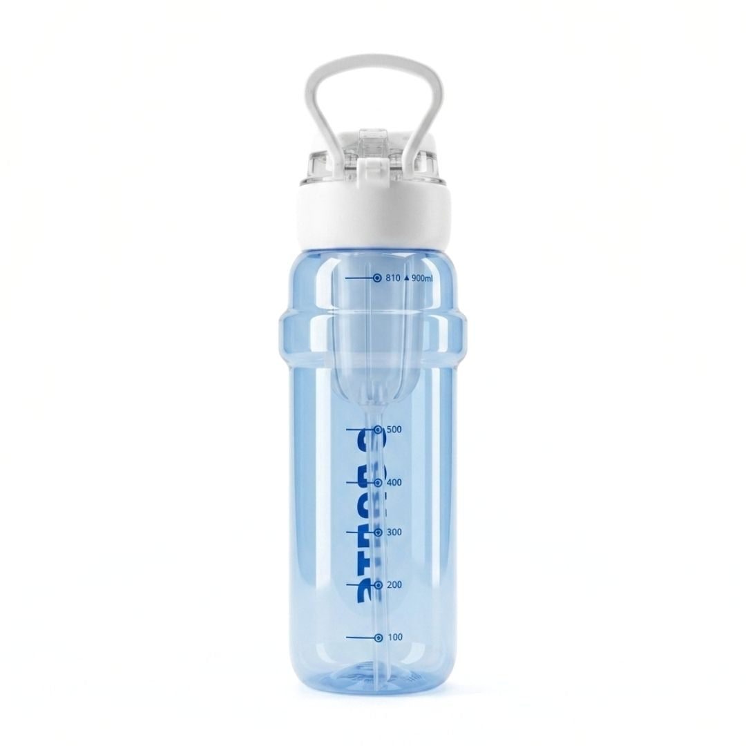 Nertz Glide high-capacity water bottle with dual lids, removable straw, plastic strainer, and ergonomic handle in multiple colors