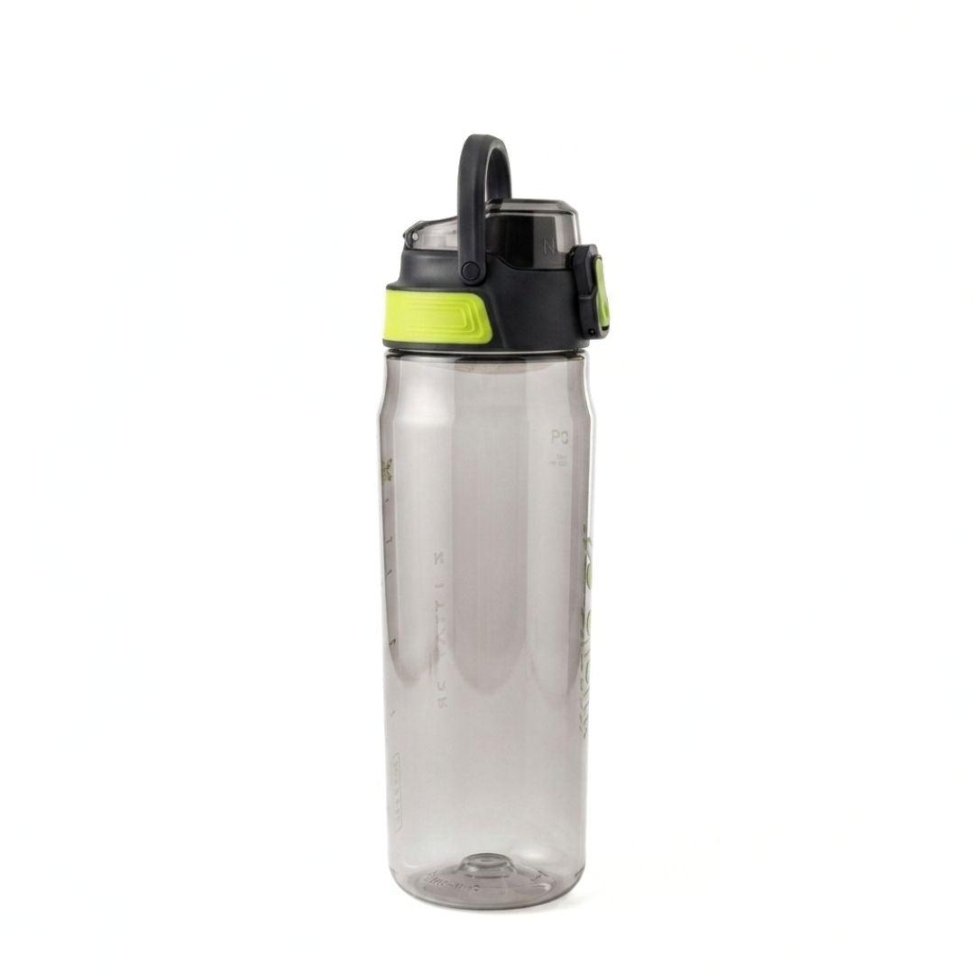 Nertz Aqua high-capacity water bottle with leak-proof flip-top lid and built-in strainer in grey and blue